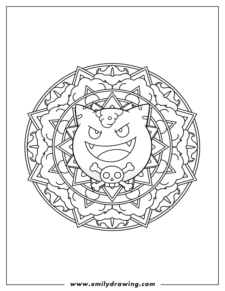 Vector style outline of easy Koffing Mandala with grinning face, fangs, and skull and crossbones symbol
