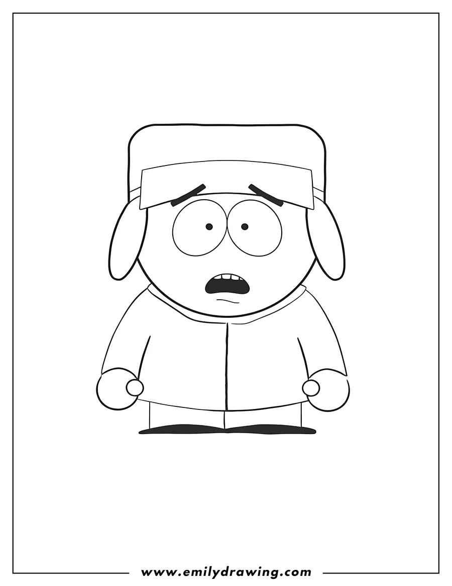 Outline drawing of easy Kyle Broflovski South Park with a worried expression