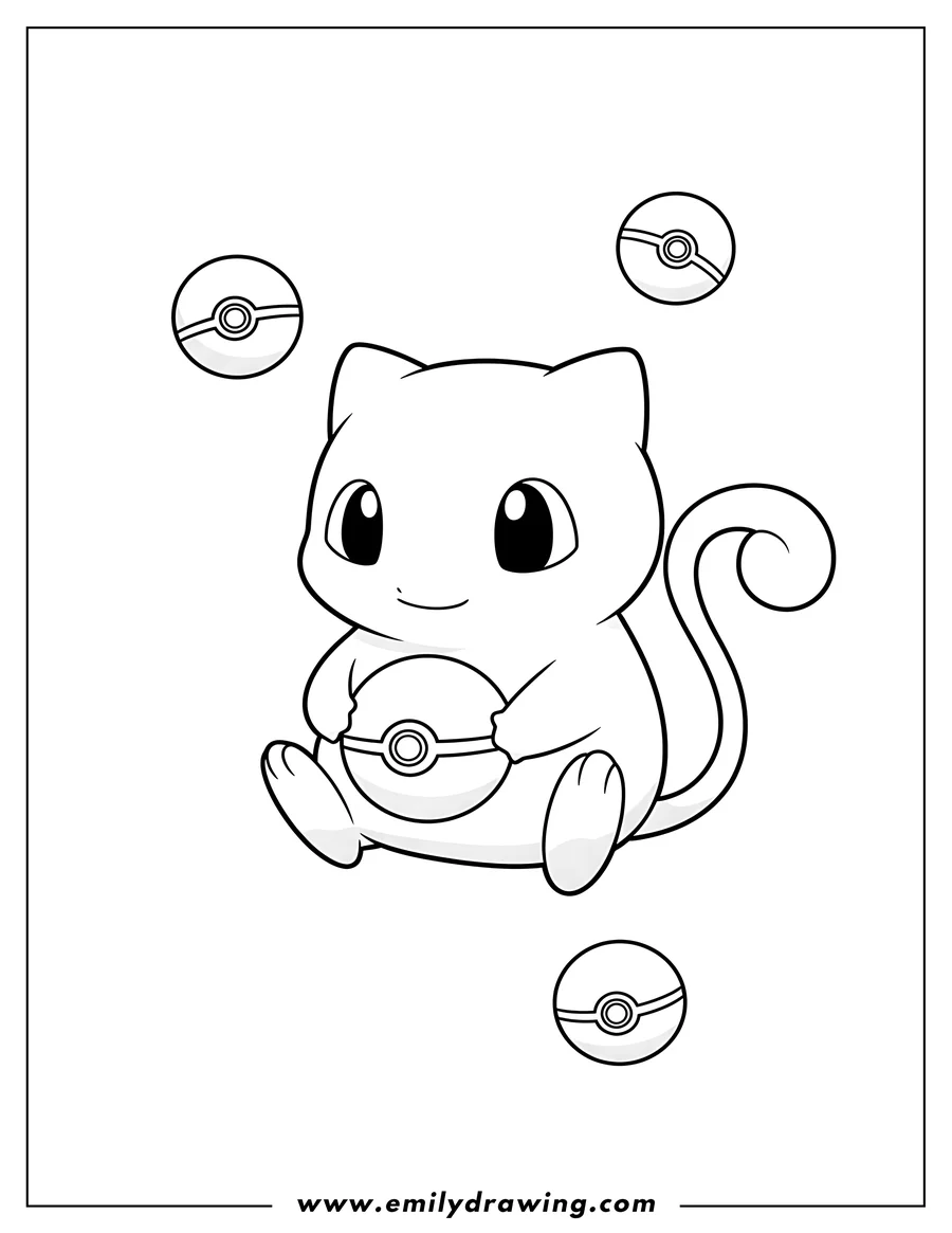 Free to print drawing of easy Mew holding a Pokeball and surrounded by floating Pokeballs