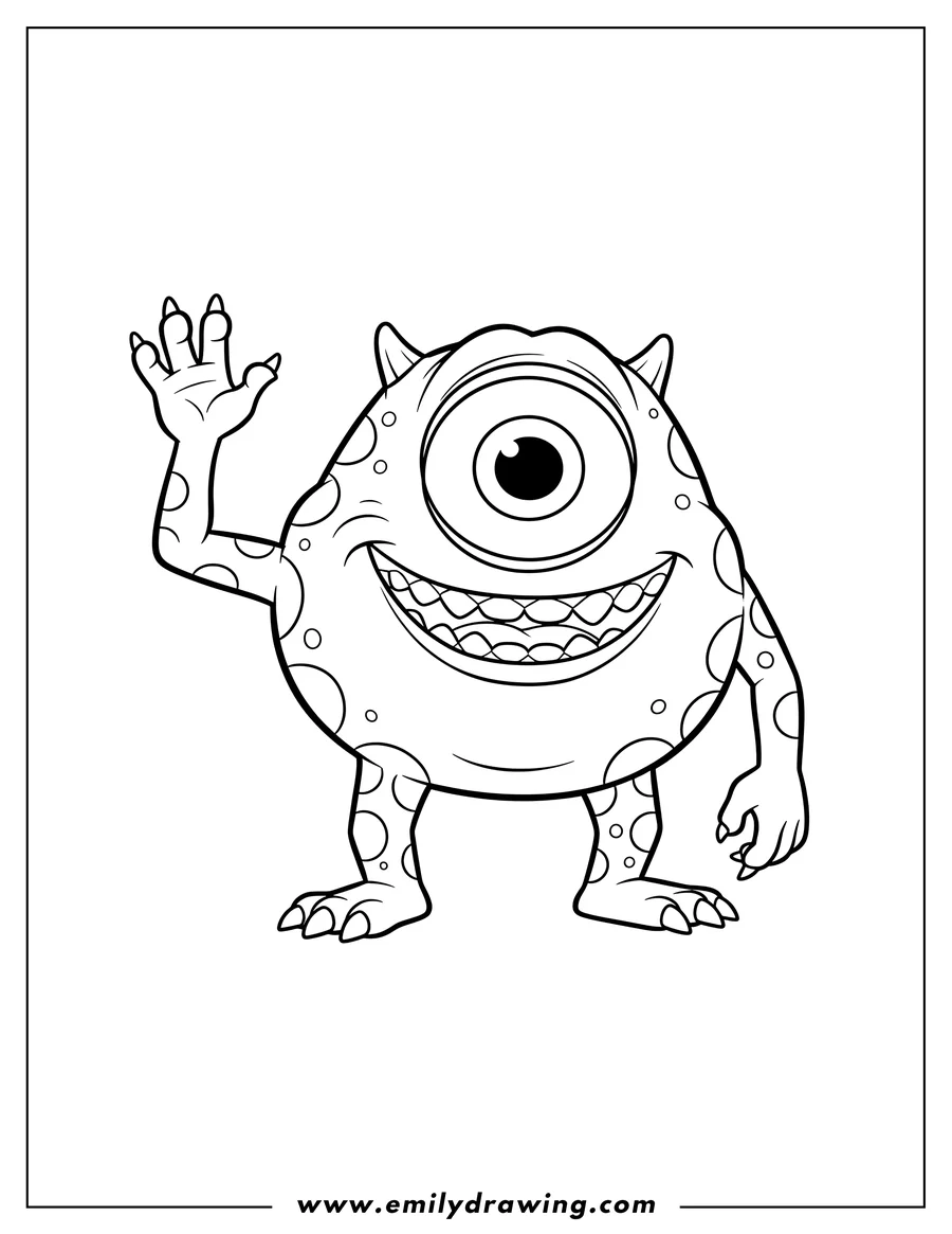 Coloring page of easy Mike From Monsters Inc Scaled, smiling broadly and waving