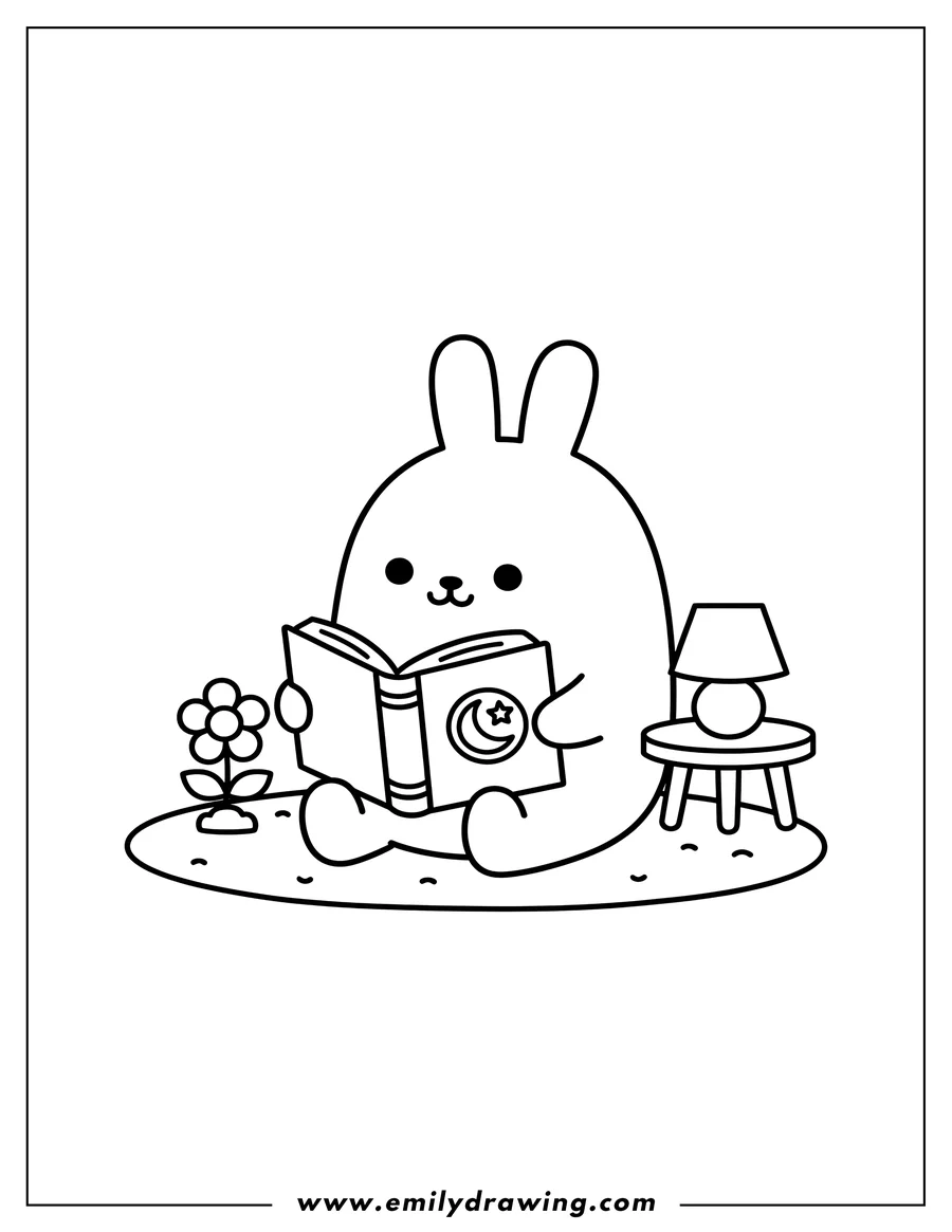 Printable coloring page of easy Molang sitting and reading an open book, for preschoolers