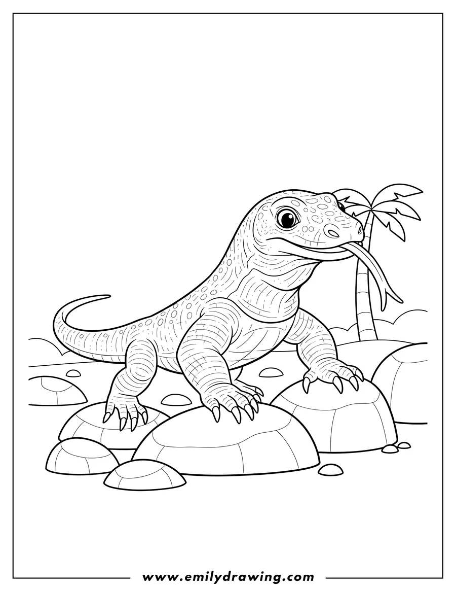 Coloring sheet featuring easy Outline Komodo Dragon flicking its tongue and walking on rocks
