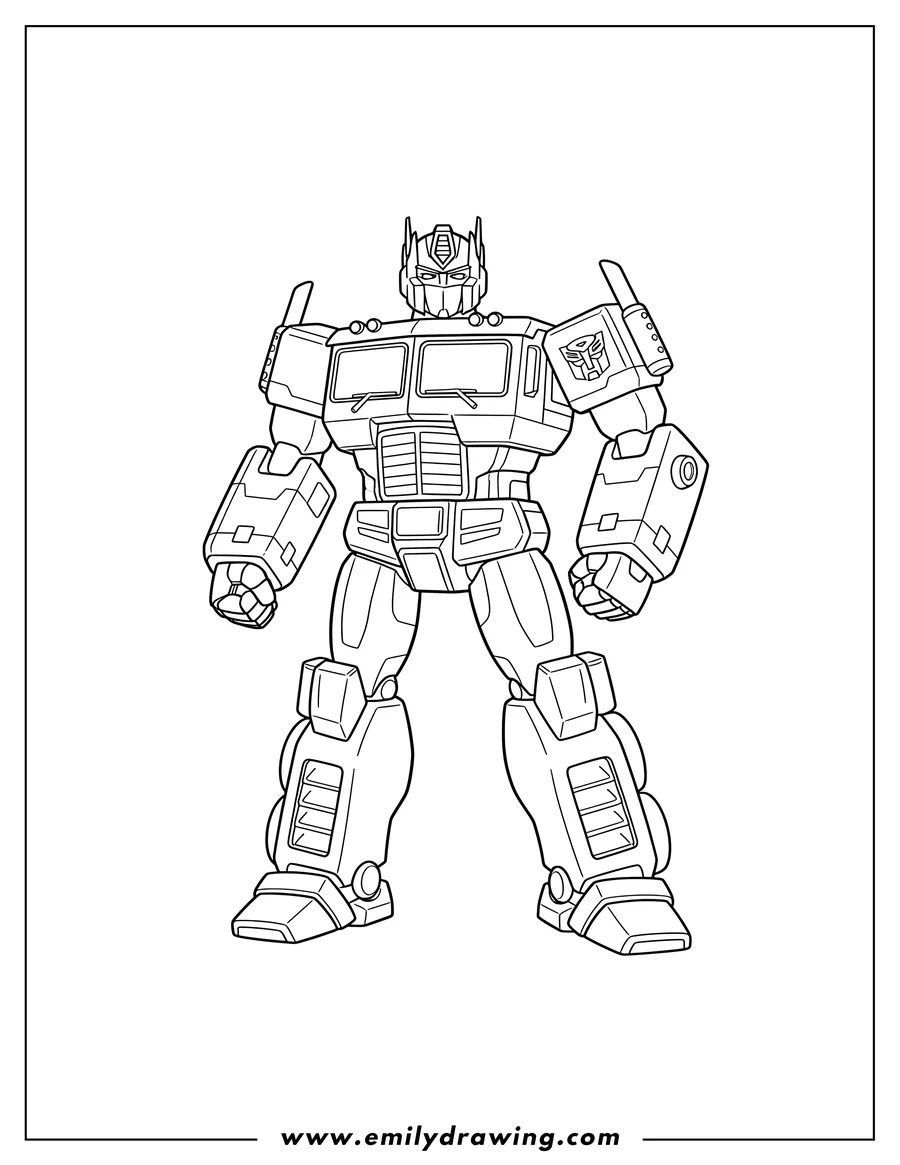 Downloadable coloring page of easy Outline Optimus Prime standing in a heroic pose