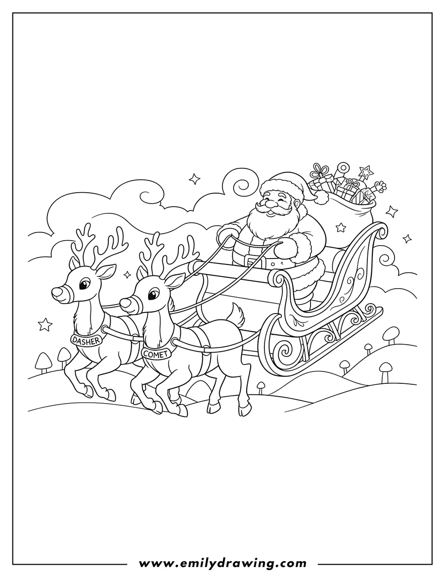 Coloring page of easy Outline Santa in a sleigh with Dasher and Comet pulling