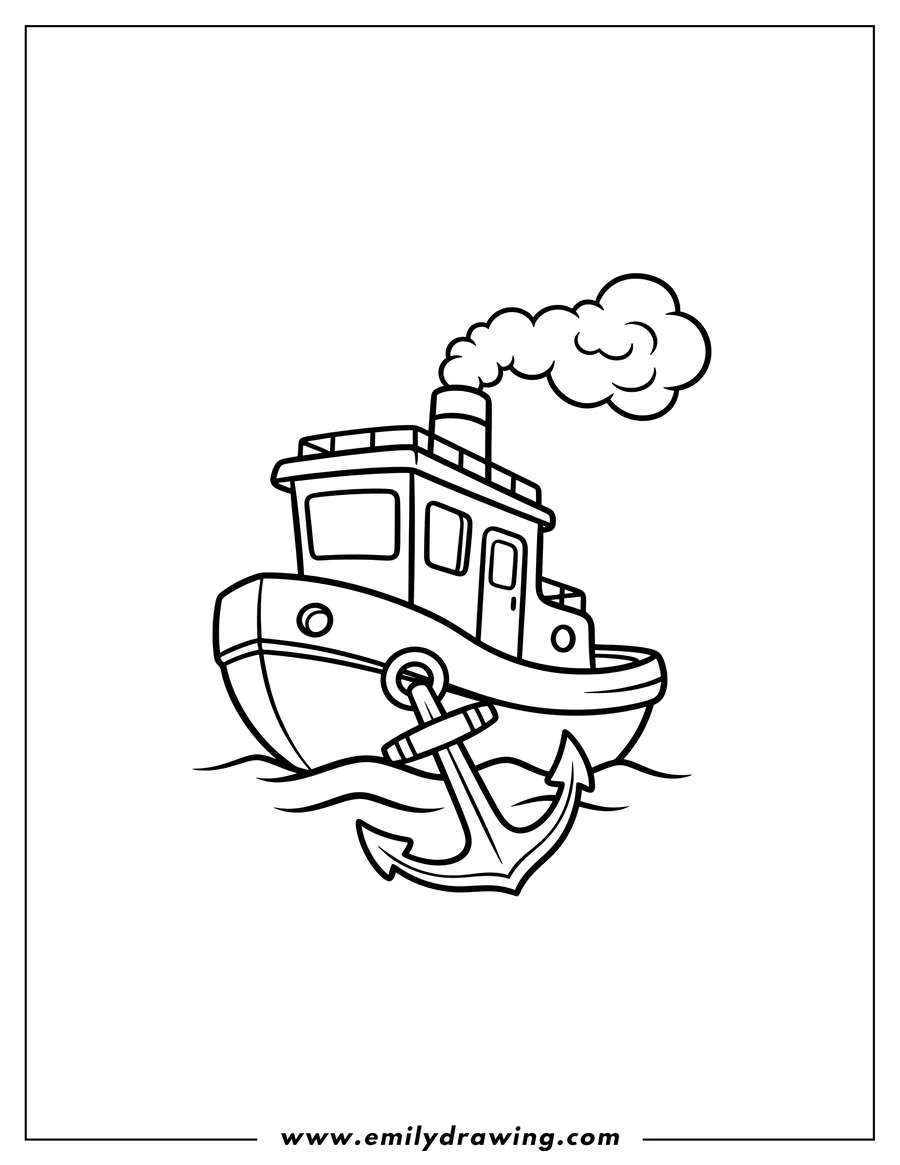Black and white line art of easy Outline Tugboat To Color Scaled, with an anchor and a smoke plume