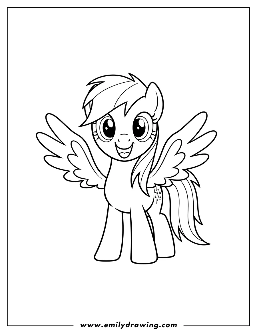Free printable coloring sheet of easy Rainbow Dash Outline, smiling brightly and looking forward