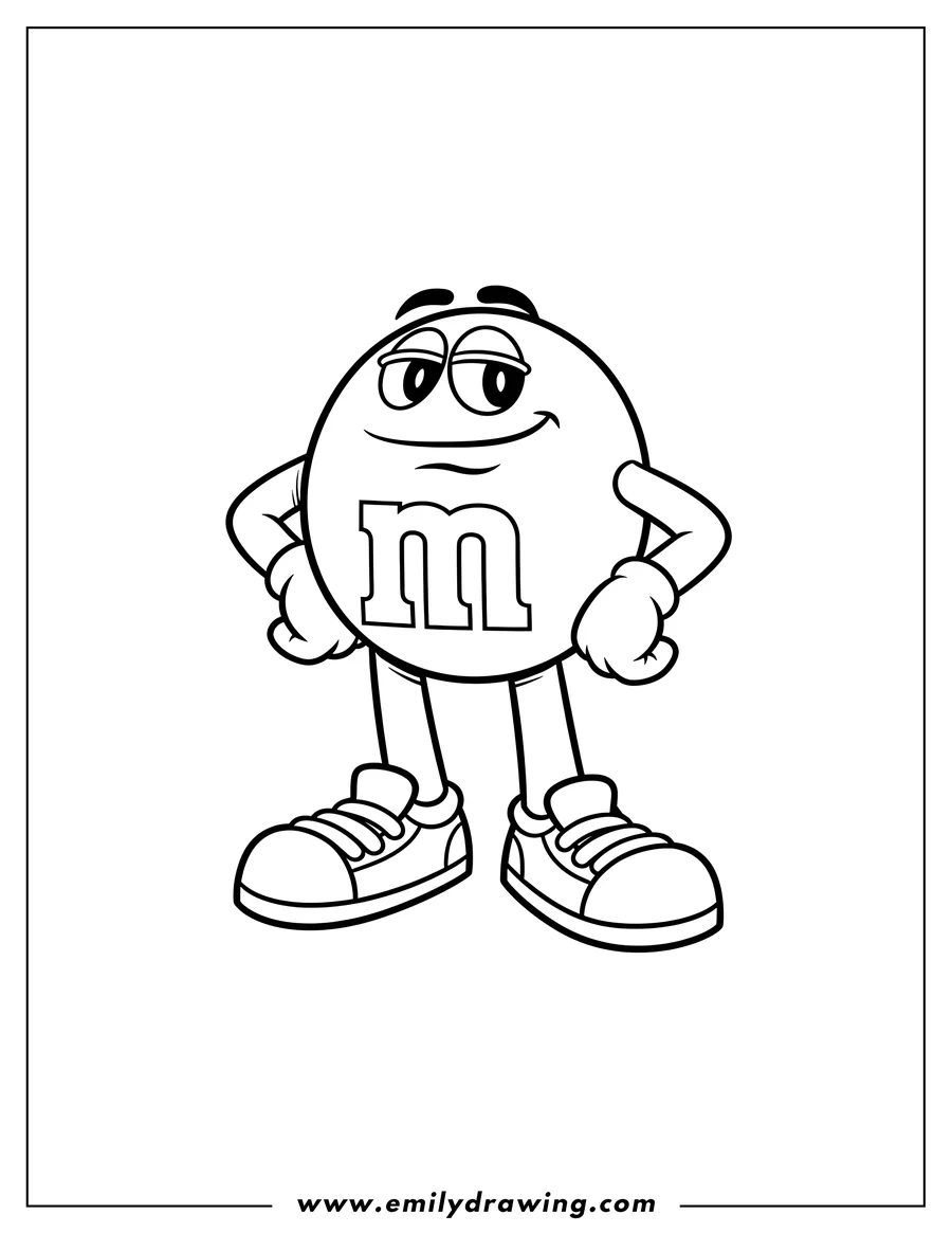 Coloring page of easy Red Mm standing with hands on hips, wearing sneakers