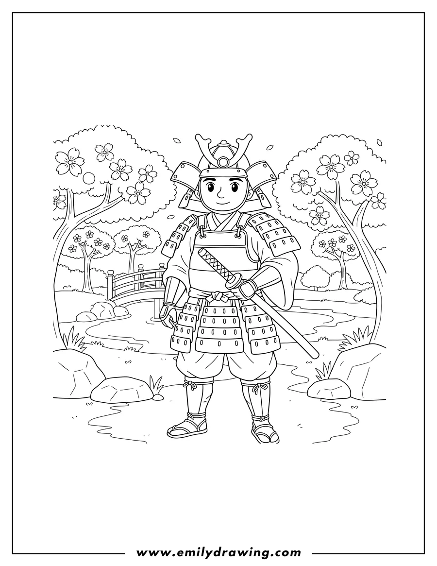 Simple sketch of easy Samurai Standing, holding a katana, in a Garden With Cherry Blossoms to color
