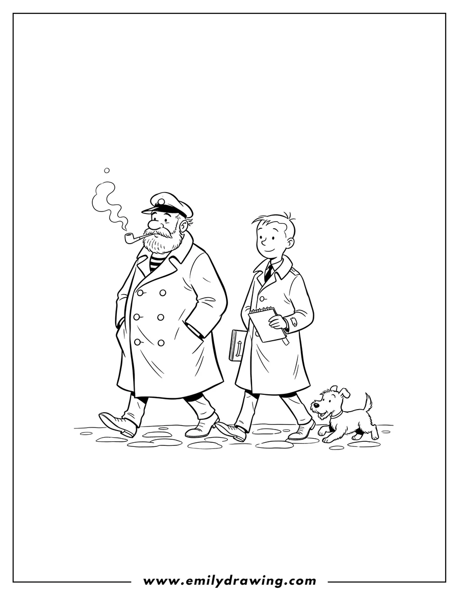 PDF style coloring page: easy Tintin, Captain Haddock, and Snowy walking, Haddock smoking a pipe