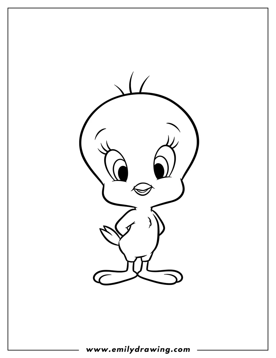 PDF style coloring page: easy Tweety Bird Outline Preschoolers, standing with hands behind back