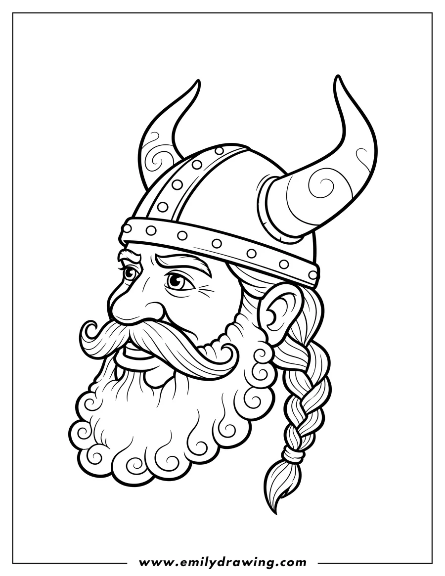 Printable line art of easy Viking head in side profile with a horned helmet, a mustache, and a braided pigtail