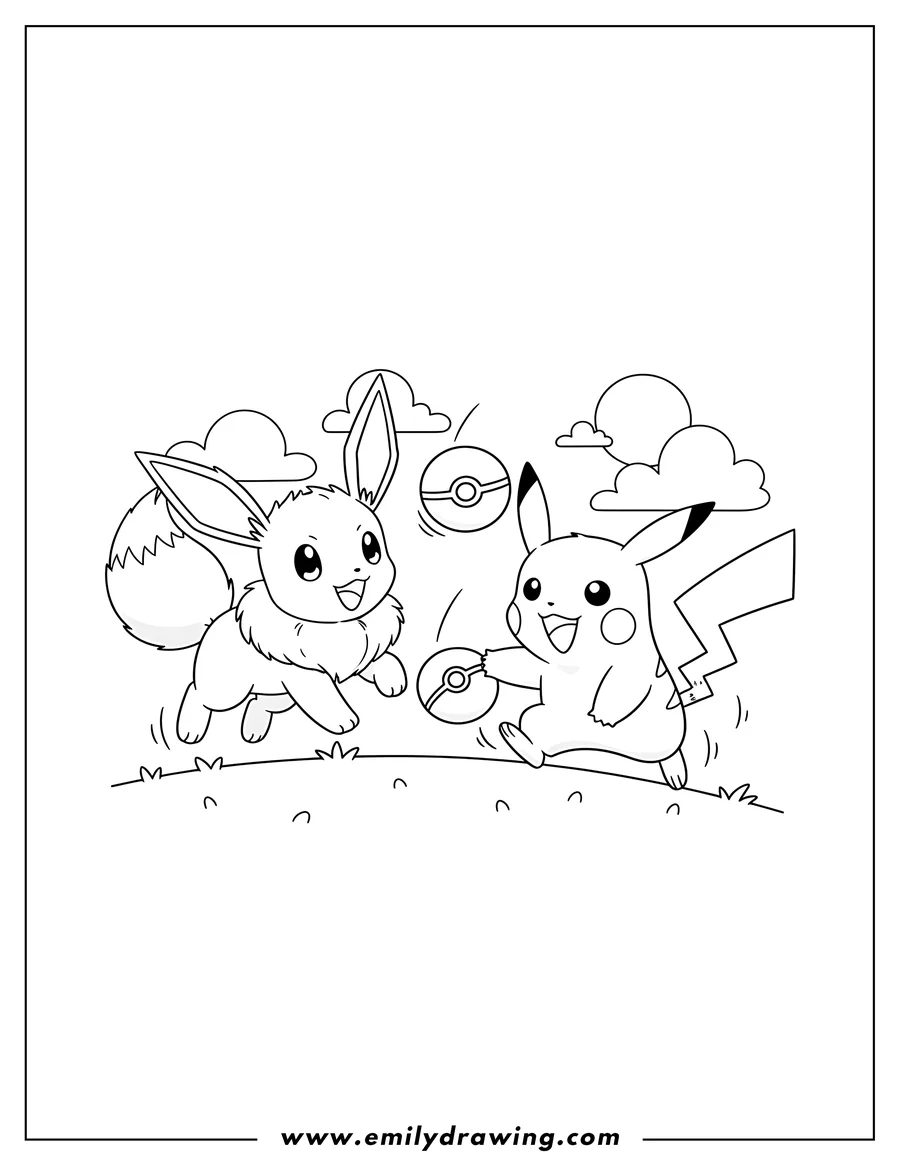Free printable coloring sheet of eevee and Pikachu jumping and running, playing with two Poké Balls