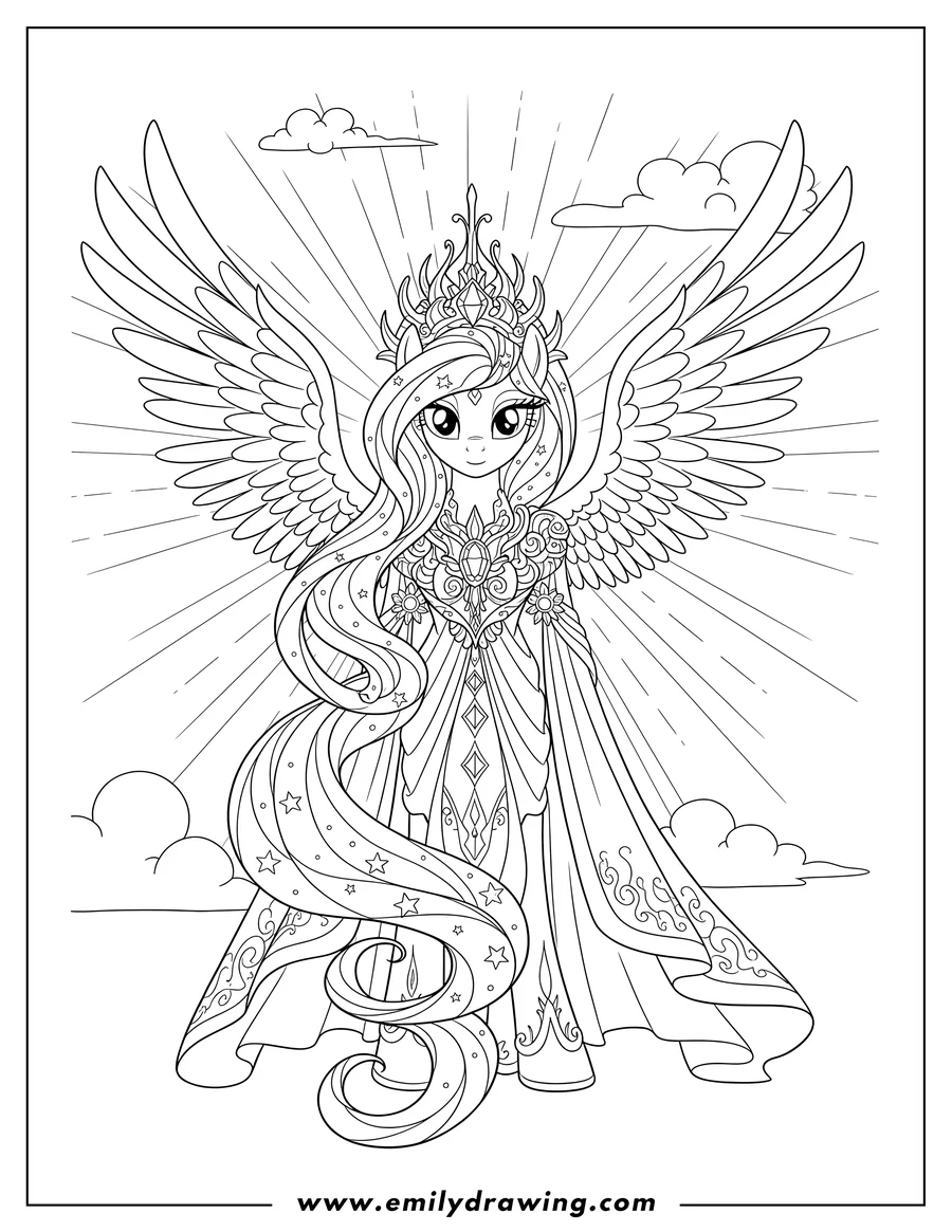Linear illustration of elegant Princess Celestia with crown, wearing ornate regalia, and large spread wings