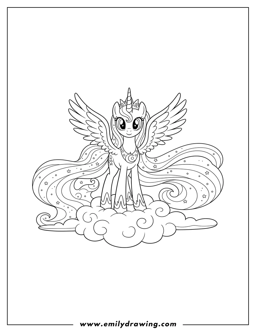 Full page coloring image of elegant Princess Luna with wings, a horn, and long flowing mane and tail, standing on a cloud