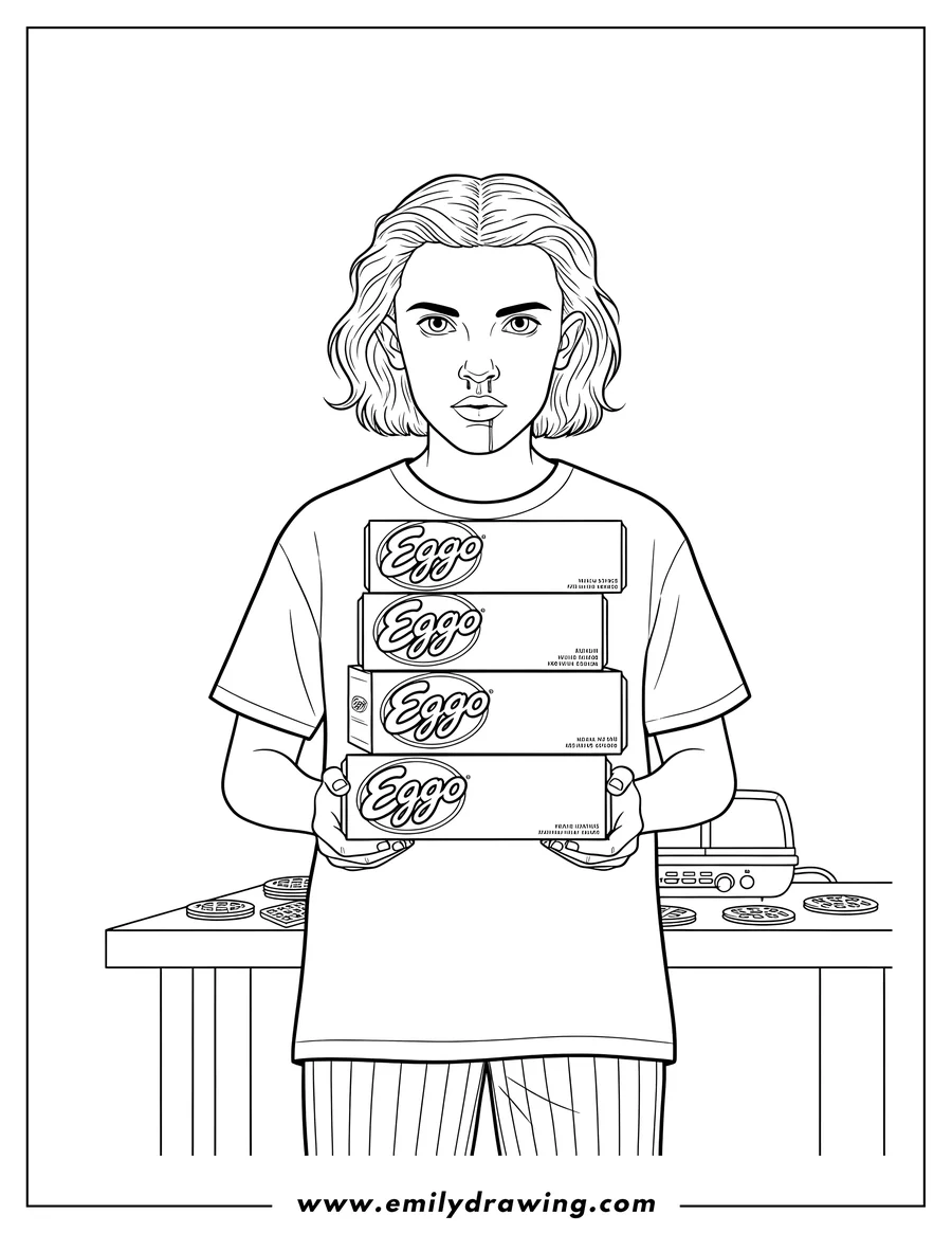 Outline drawing of eleven holding multiple Eggo boxes with a bloody nose