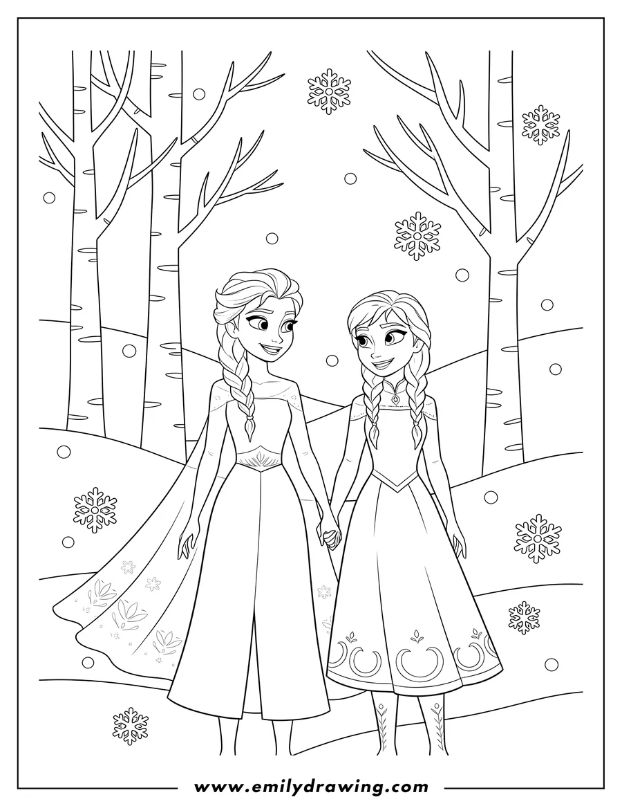 Free to print drawing of elsa and Anna holding hands and looking at each other in a snowy forest