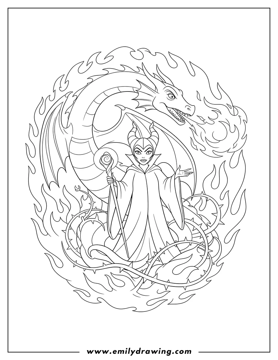 Vector style outline of evil Maleficent With Fire Breathing Dragon And Thorns, holding a staff, surrounded by flames