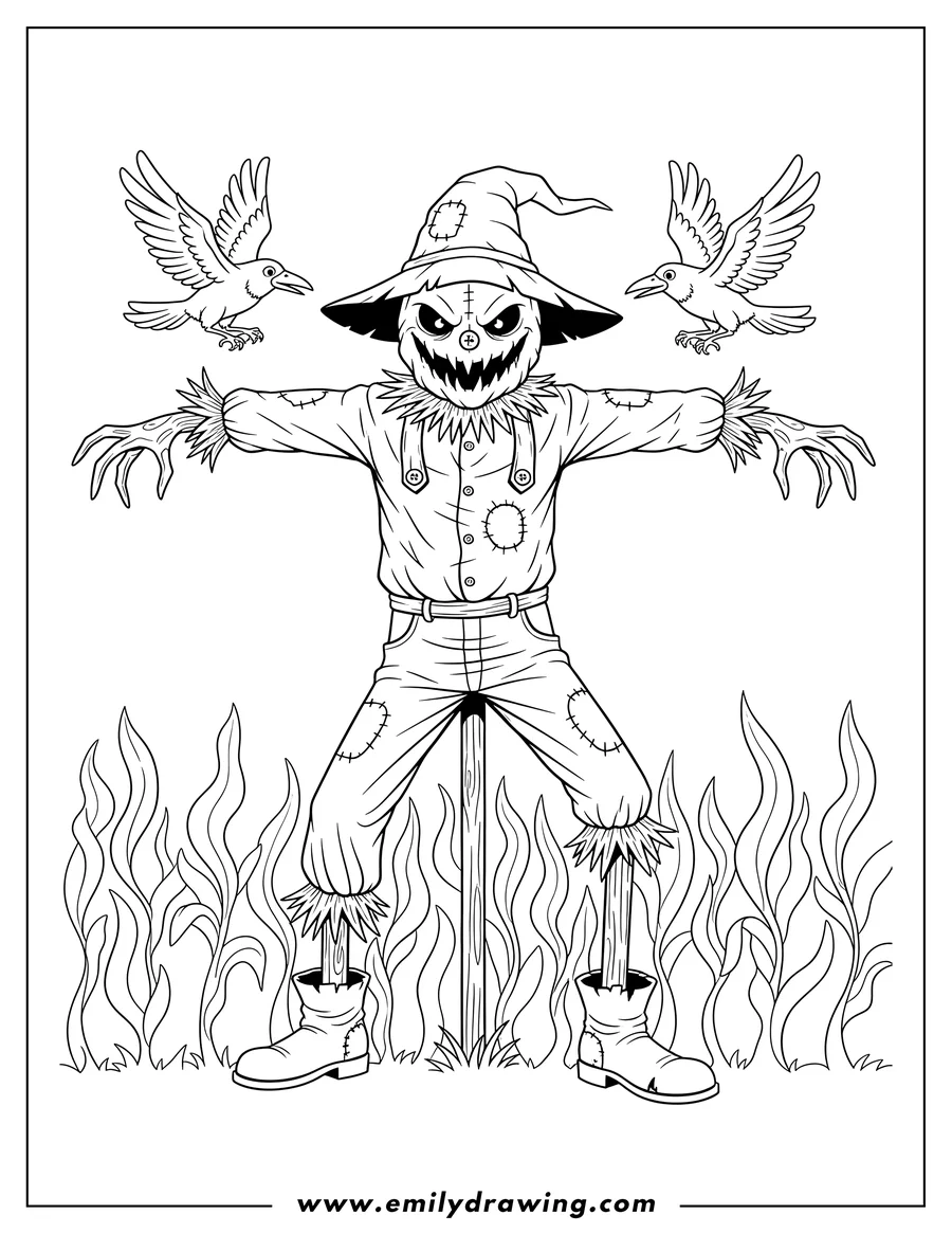 High quality printable evil Scarecrow with arms outstretched standing in a cornfield with two flying crows for coloring