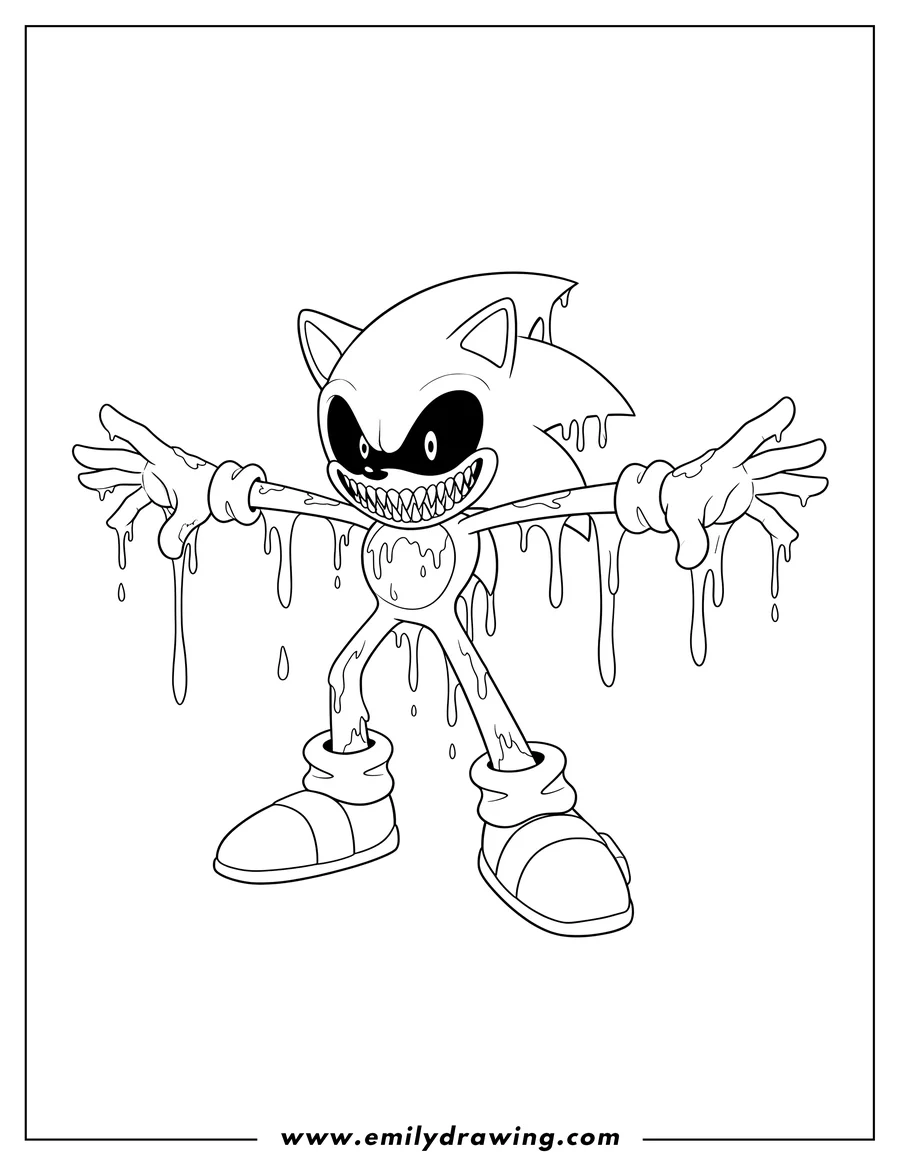 Linear illustration of evil Sonic Exe with a wide, sharp-toothed grin, arms outstretched, covered in dripping goo