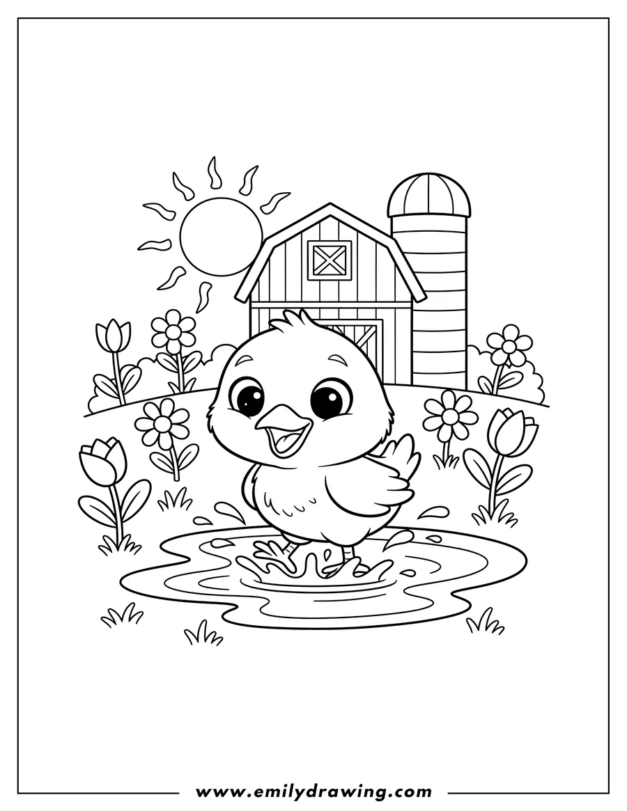 Printable line art of farm Animal Chick happily splashing in a puddle in a Sunny Meadow With Barn And Flowers