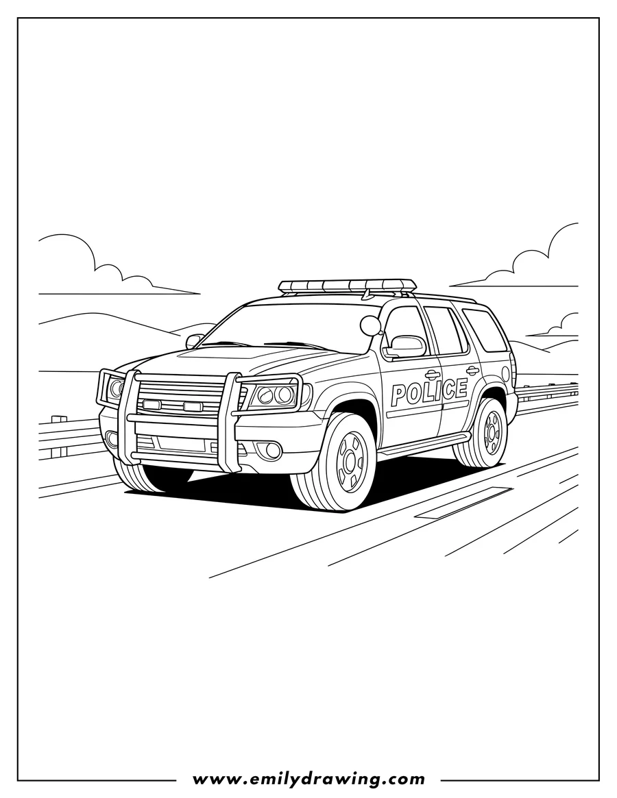 Outline drawing of fast Police SUV with 'POLICE' on its side and a front push bar on a Highway To Color Scaled