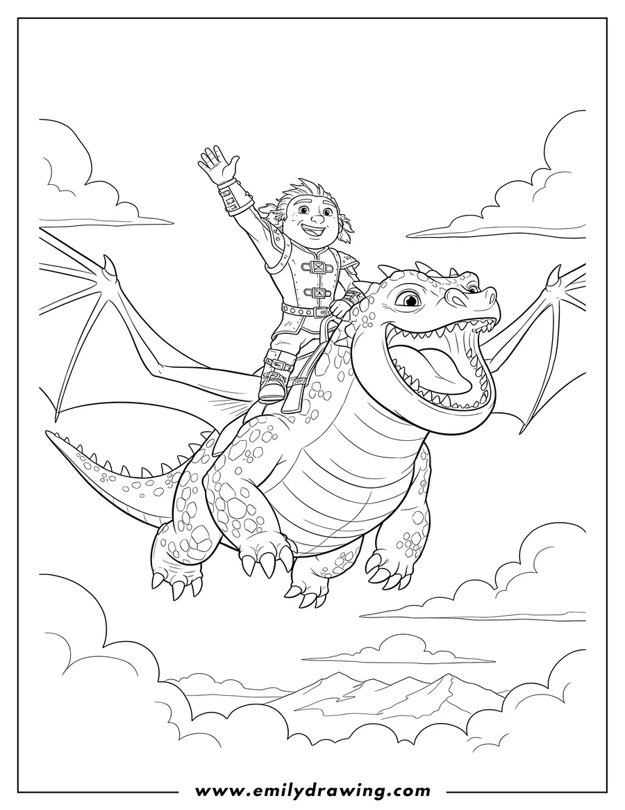 Doodle style coloring picture of fishlegs flying on Meatlug with his arm raised and the dragon's mouth open