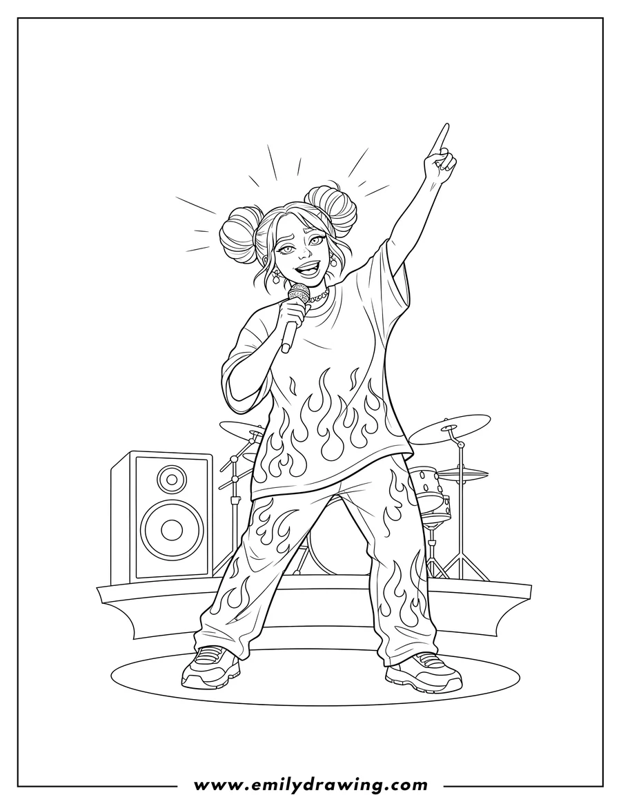 Full page coloring image of billie Eilish with her hair in twin buns, holding a microphone, with her left hand pointing up, and wearing a flame-patterned shirt, singing on stage