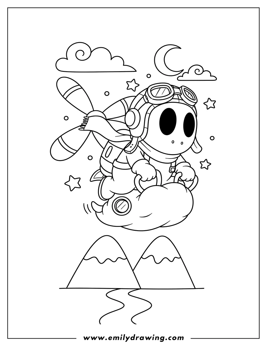 Full page coloring image of fly Shy Guy Sky, with a propeller