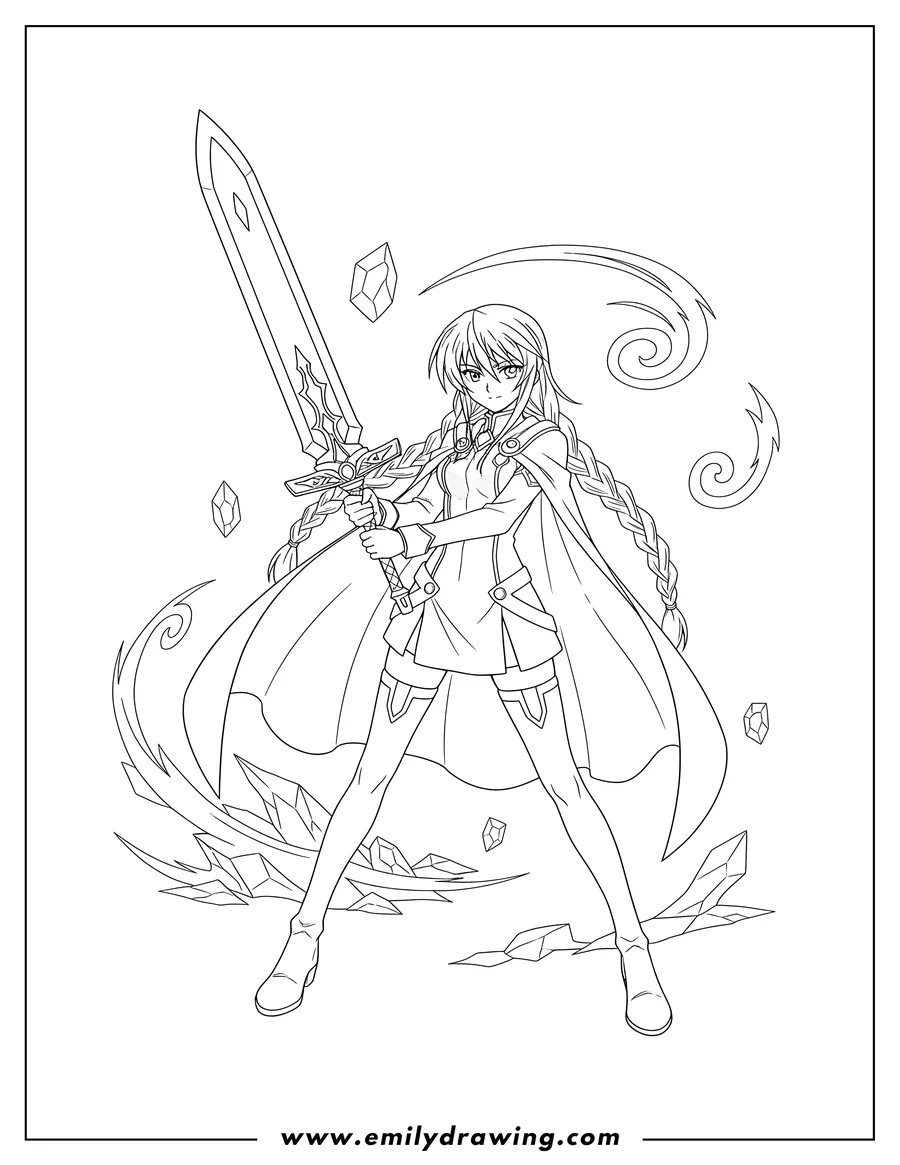 Vector style outline of freezing Anime Satellizer L. Bridget holding a large sword, standing heroically