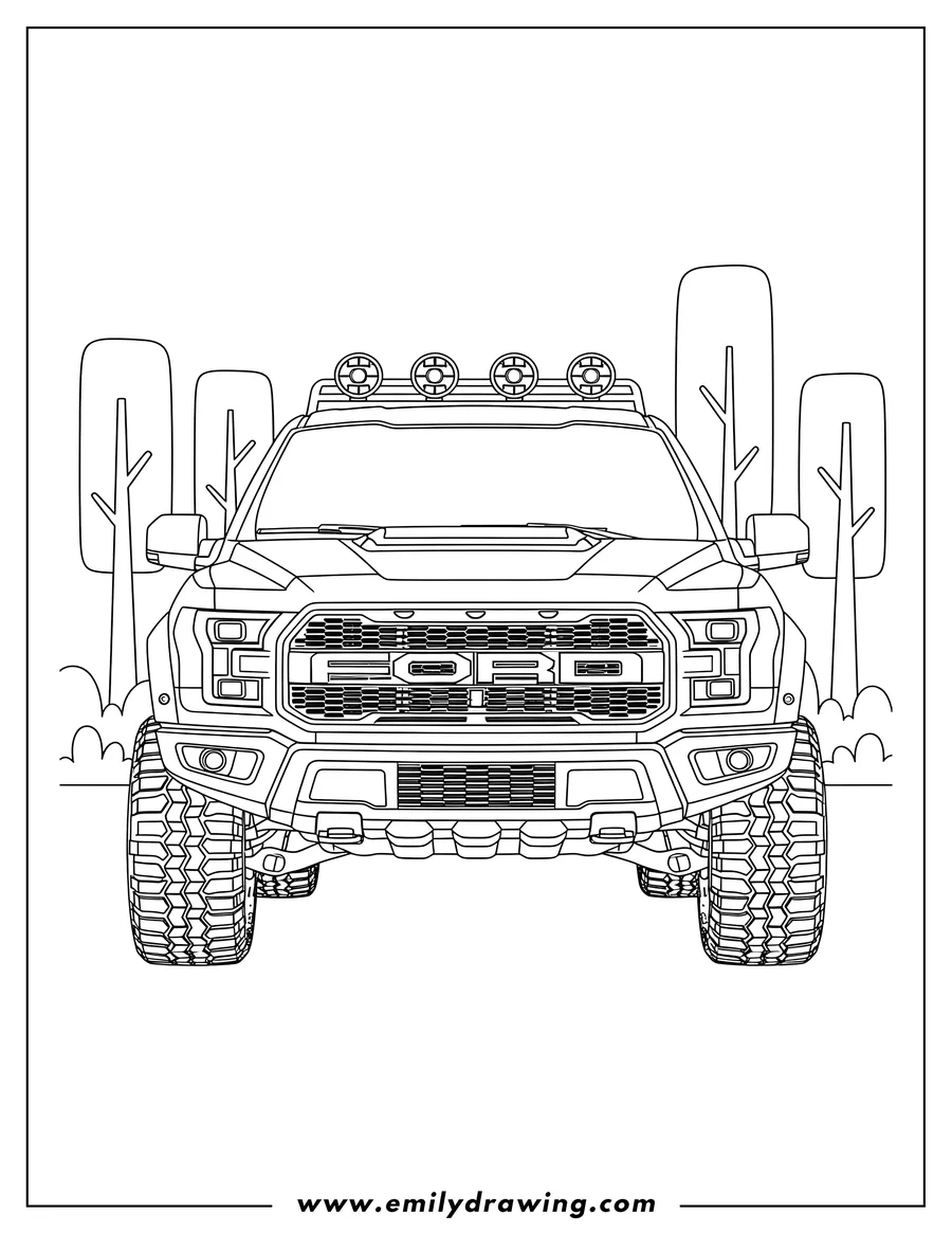Coloring sheet featuring front View Ford Velociraptor off-road truck with roof lights, in woods