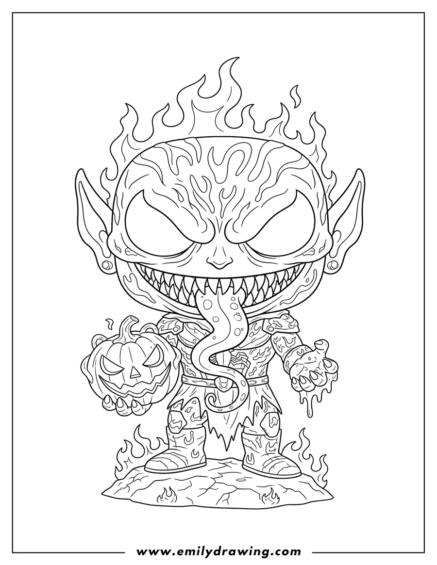 Downloadable coloring page of funko Pop Venomized Green Goblin holding a pumpkin, with a long tongue and flames on its head