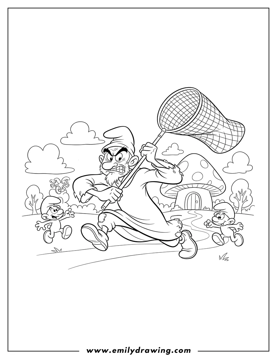 Free printable coloring sheet of gargamel running and holding a net, trying to catch Smurfs