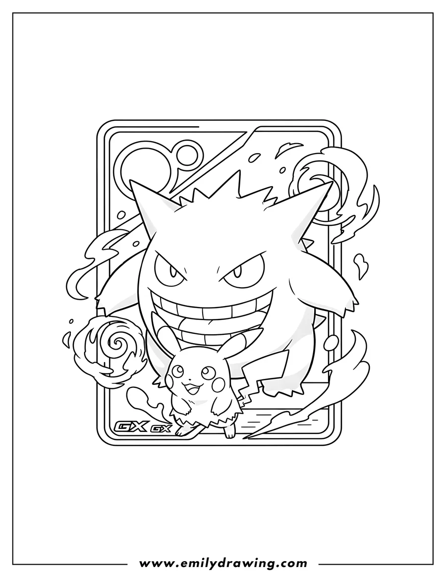 Doodle style coloring picture of gengar and Mimikyu GX TAG TEAM Poltergeist Pokemon Card coloring page