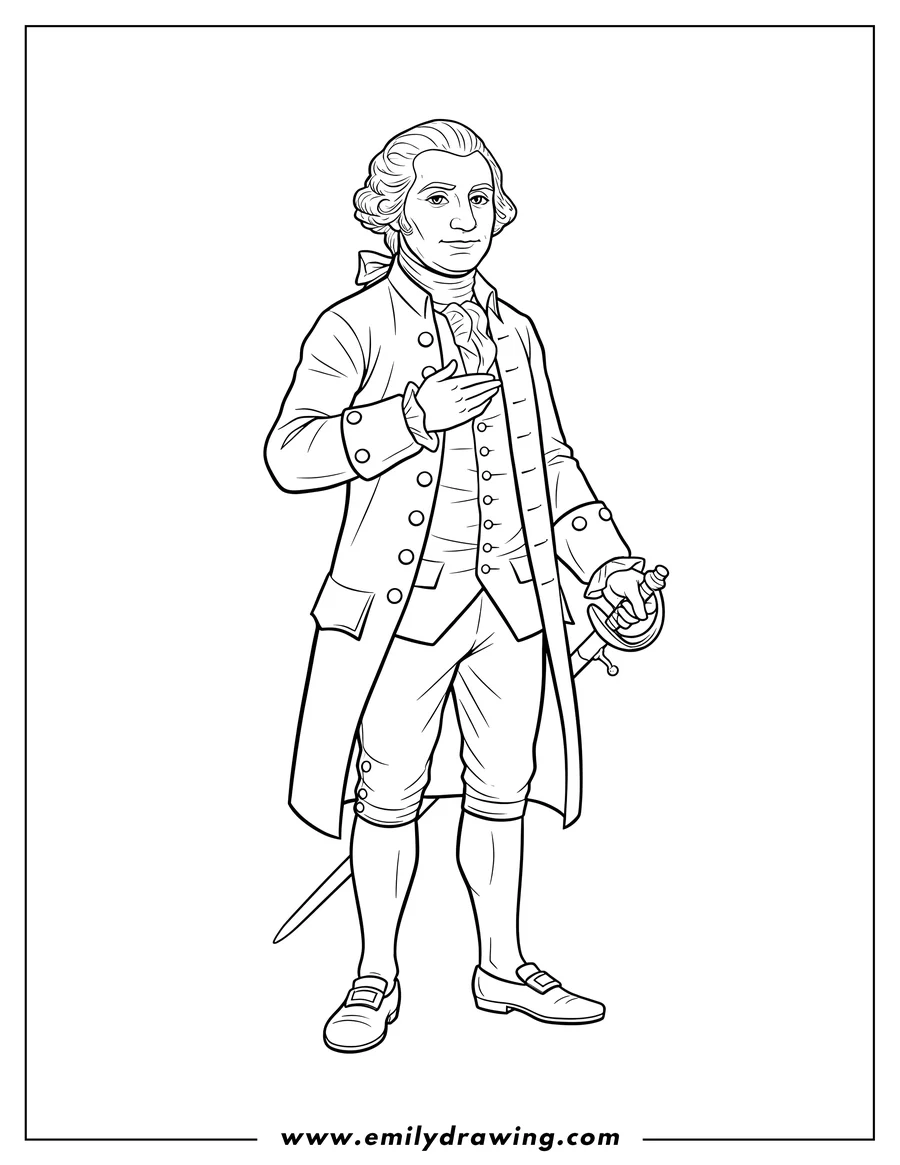 Doodle style coloring picture of american President George Washington in a powdered wig and colonial attire