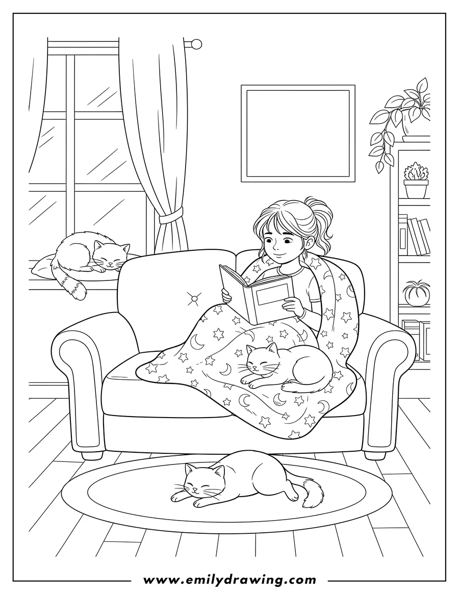 Clean line drawing: girl reading a book under a blanket on a cozy couch, with one cat on the windowsill, one on the couch, and one on the floor