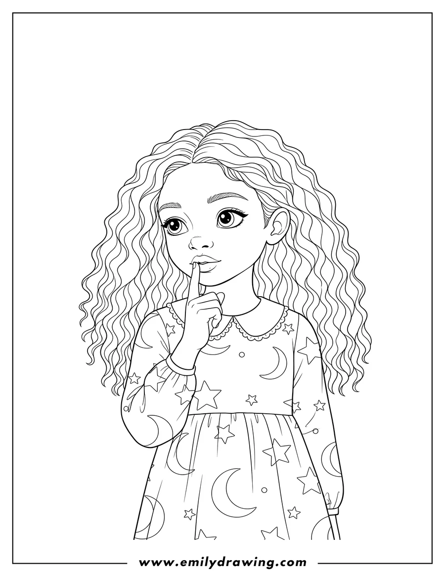 Outline drawing of black Girl with long curly hair, finger on her lip
