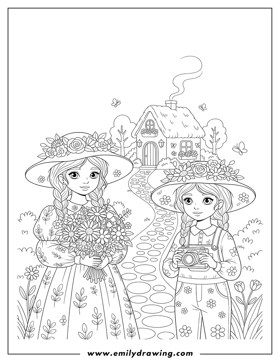 Free to print drawing of two Girls wearing floral hats, one holding a flower bouquet and the other holding a camera, cottagecore