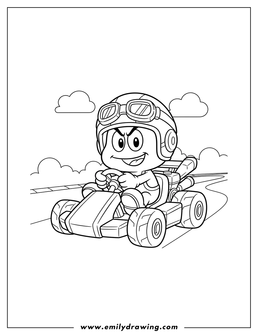 Printable line art of goomba Video Game driving a go-kart