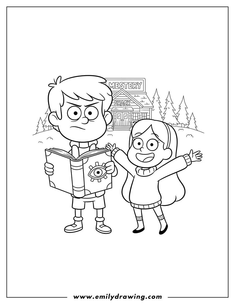 High quality printable gravity Falls Tv: Dipper holding a journal, and Mabel smiling with open arms for coloring