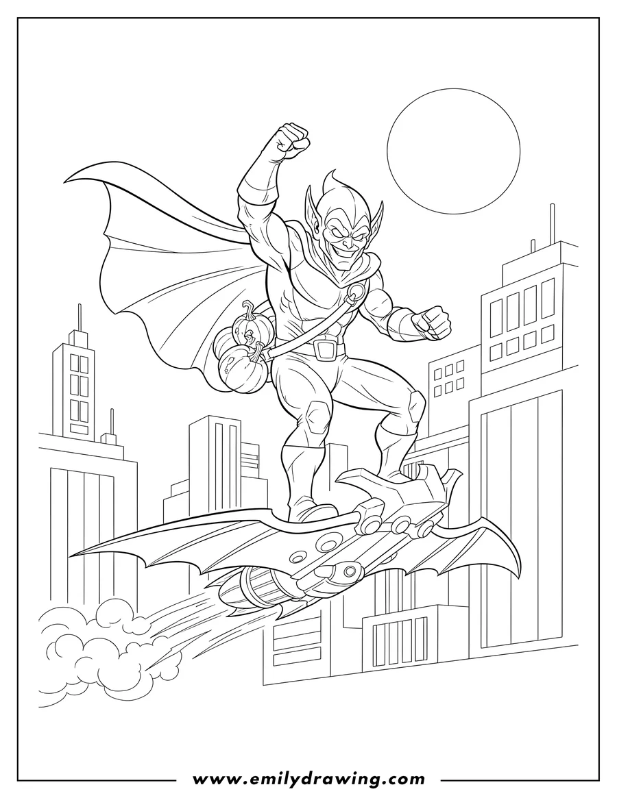 Linear illustration of green Goblin standing on his glider