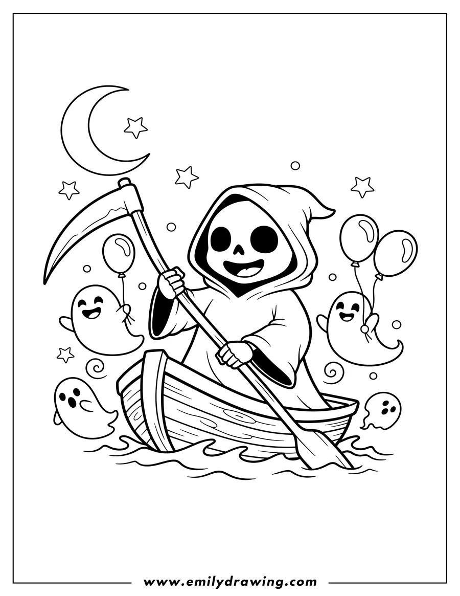 Simple sketch of grim Reaper paddling a boat with a scythe, with ghosts floating around the boat to color