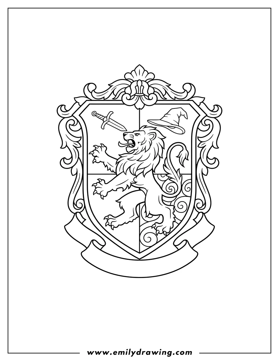Doodle style coloring picture of gryffindor crest with a lion