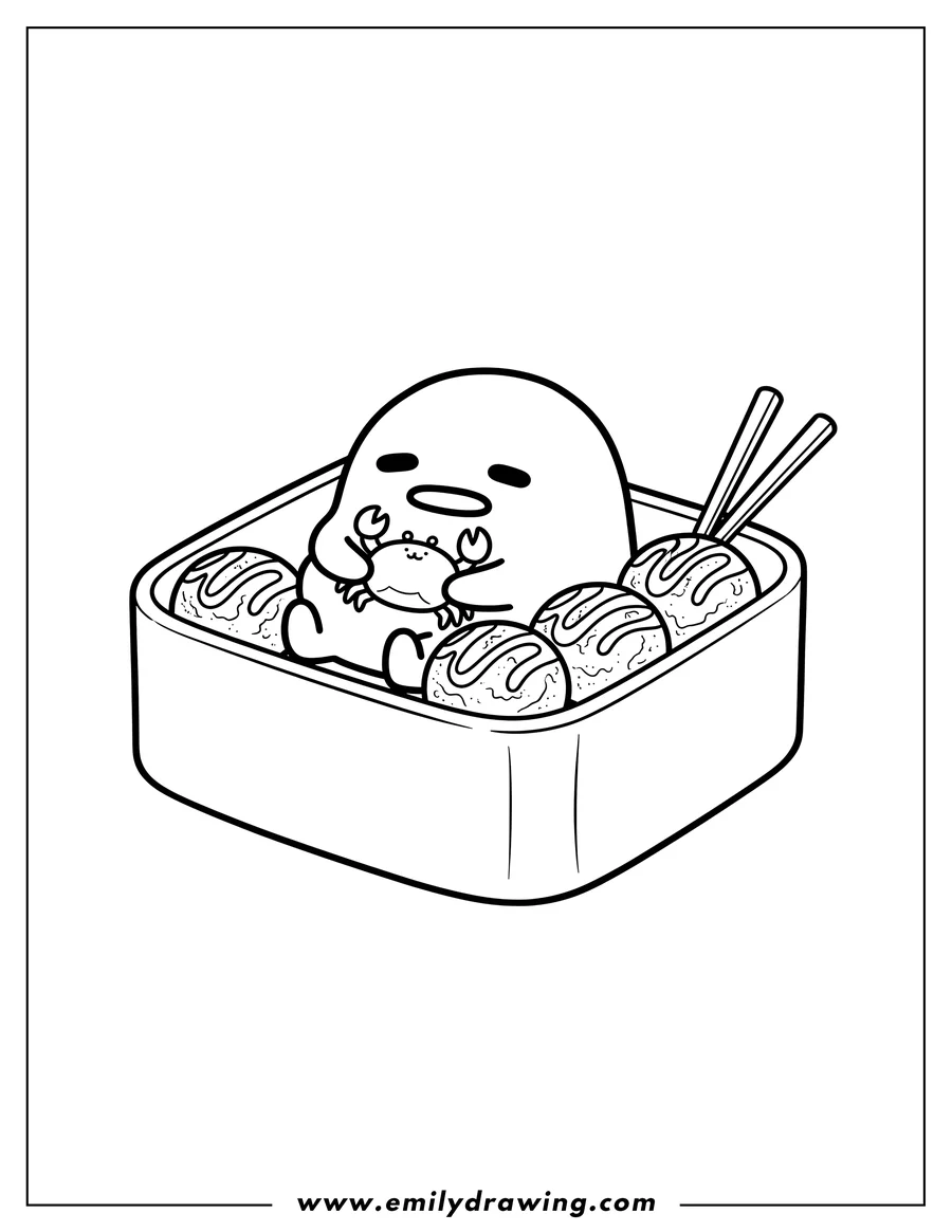 Coloring page for kids: gudetama sitting in a bento box, holding a crab, next to takoyaki with chopsticks