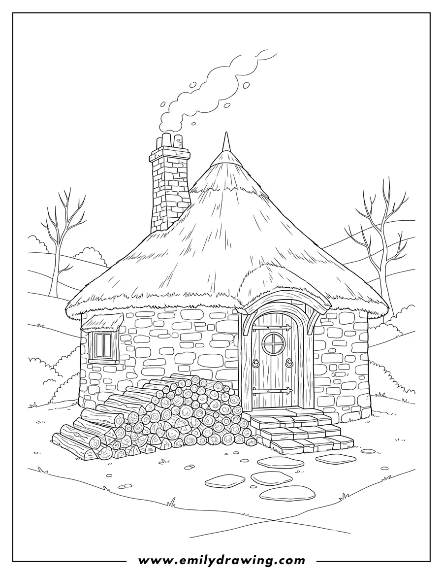 Printable coloring page of hagrids Hut with chimney, steps, and firewood