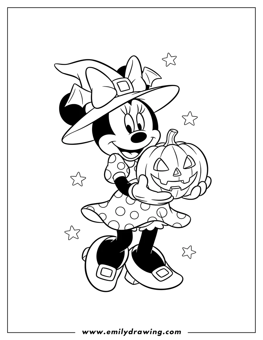 Clean line drawing: halloween Minnie Mouse smiling and holding a jack-o'-lantern