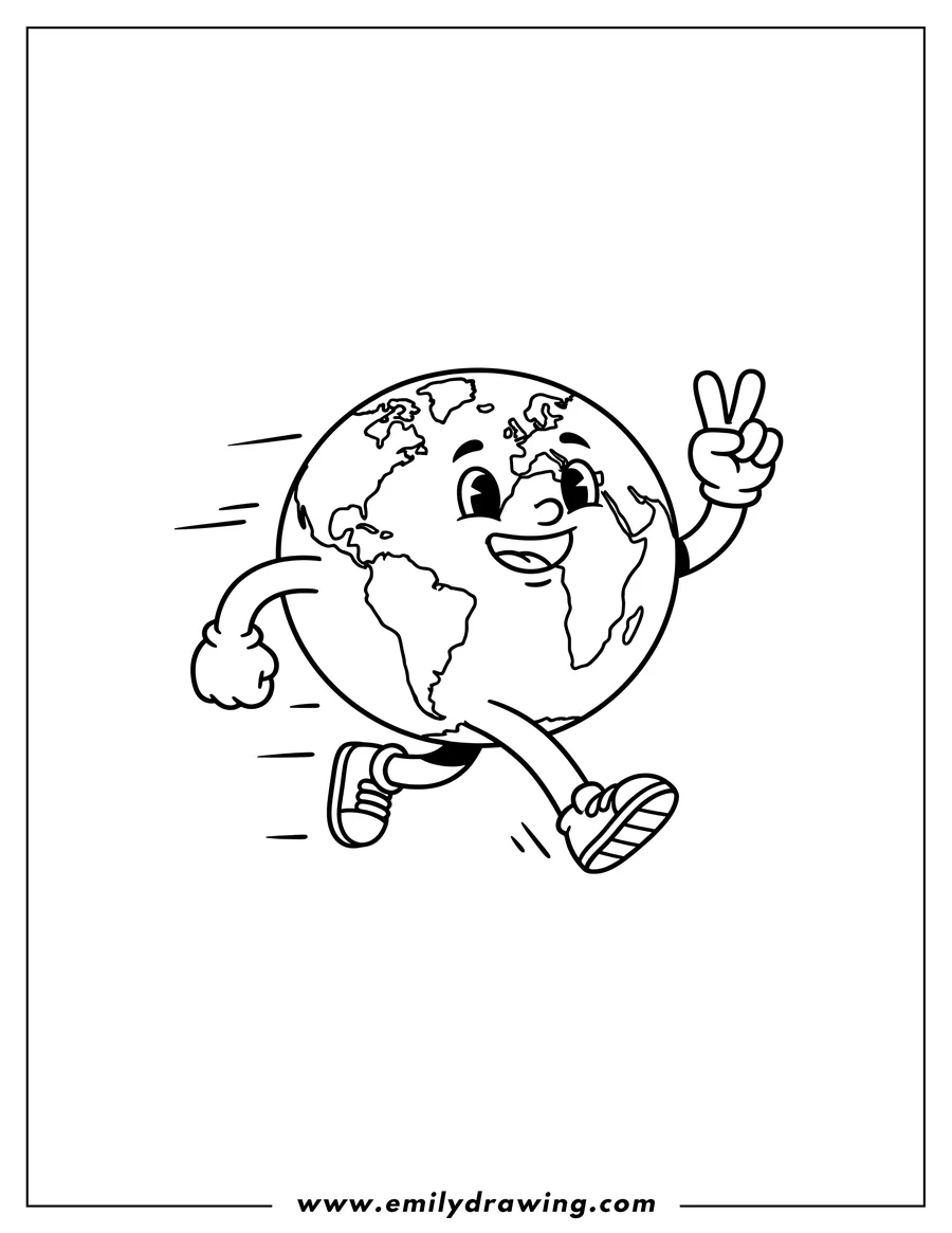 Black and white line art of happy Cartoon Earth running with a peace sign