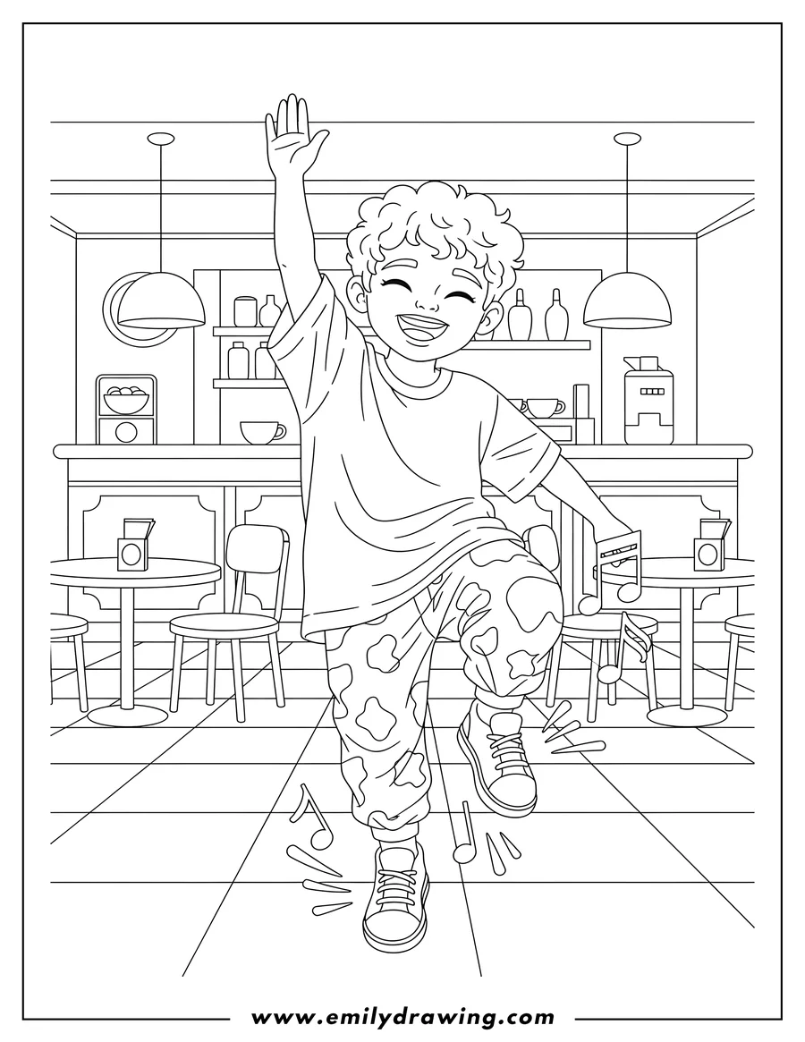 Doodle style coloring picture of happy Freestyle Dancer **smiling with closed eyes and one arm raised while stepping forward**, moving to the beat inside a stylish cafe with retro decor