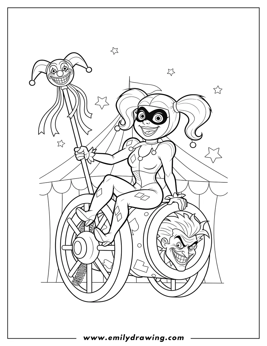 Coloring page of harley Quinn smiling and holding a scepter, sitting on a cannon prop with Joker's head peeking out