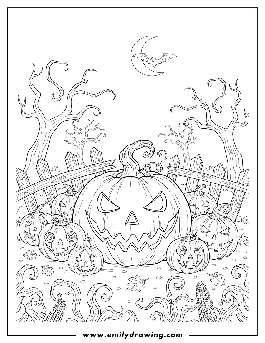 Free to print drawing of haunted Pumpkin Patch With a Large Evil Jack O Lantern with Jagged Teeth