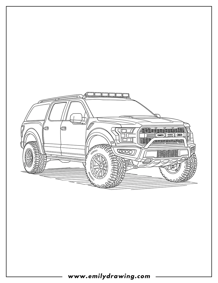 Full page coloring image of hennessey VelociRaptor F-150 SUV Detailed Outline